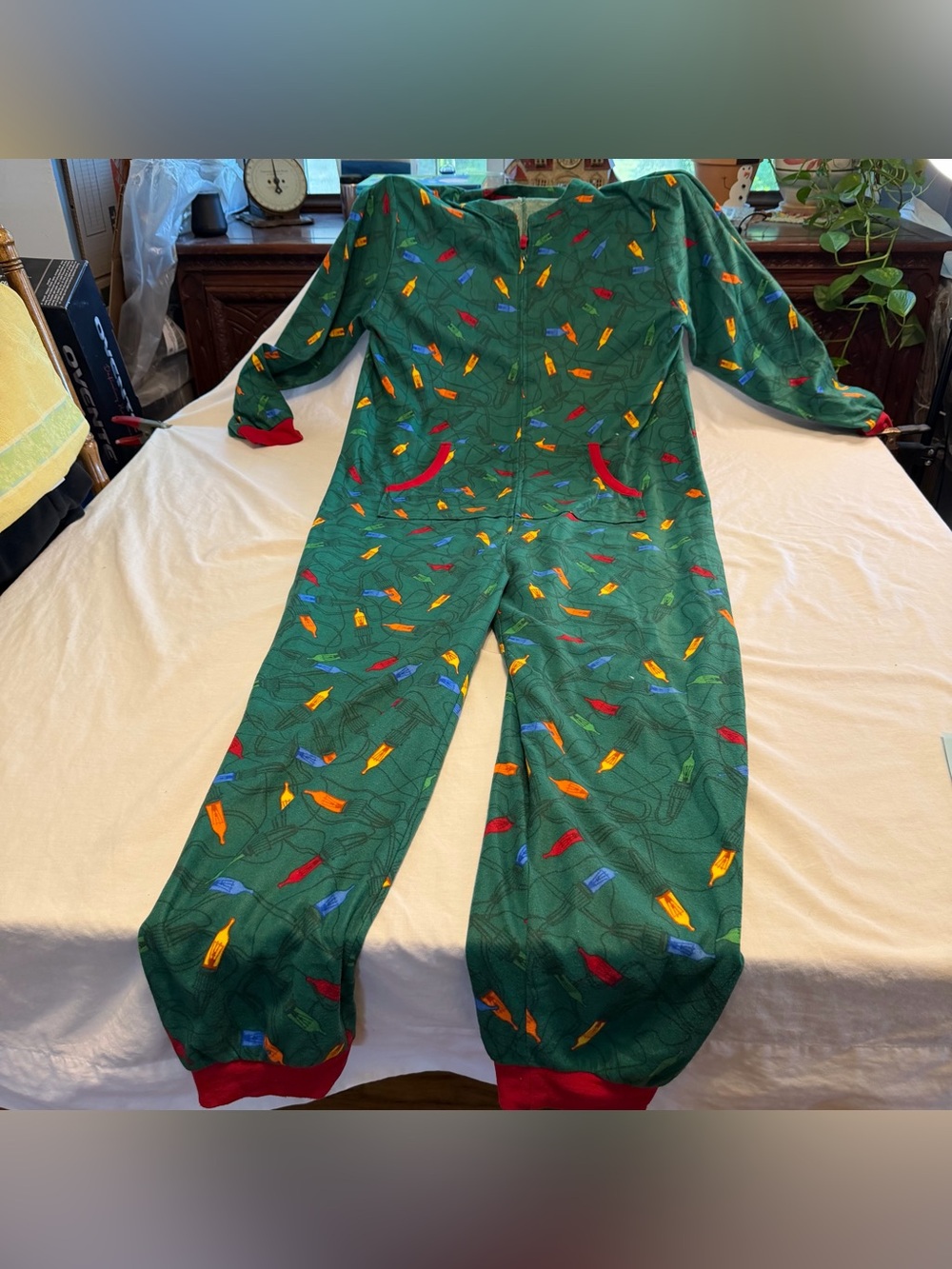 Christmas Lights Pajama Onesie Adult Sleepwear Green with Lights Size L/XL